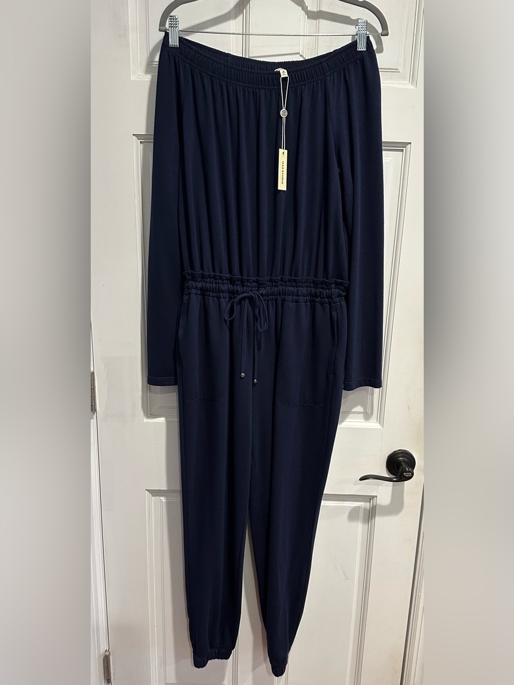 NWT Max Studio Women's Navy Long-Sleeve Drawstring Jumpsuit; size M